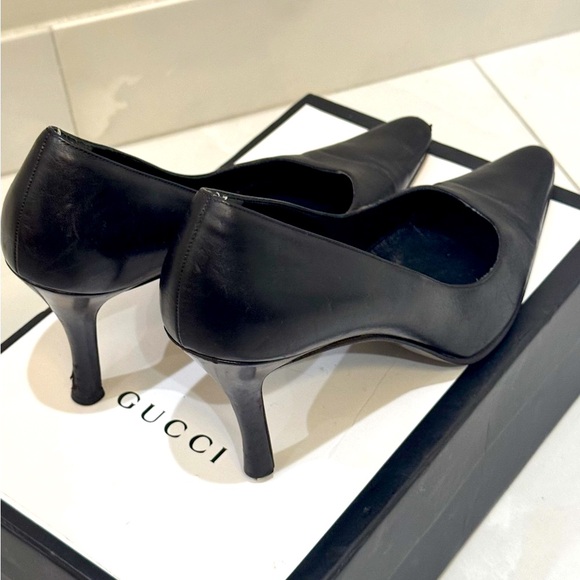 🔥 Rare Vintage 1980s Gucci Black Leather Box Toe Stiletto Slip-On Heels Pumps - Picture 7 of 9